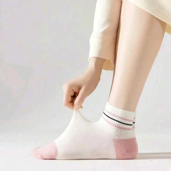 5 pair set pink light weight women's ankle socks black white pink casual dress - Picture 6 of 7